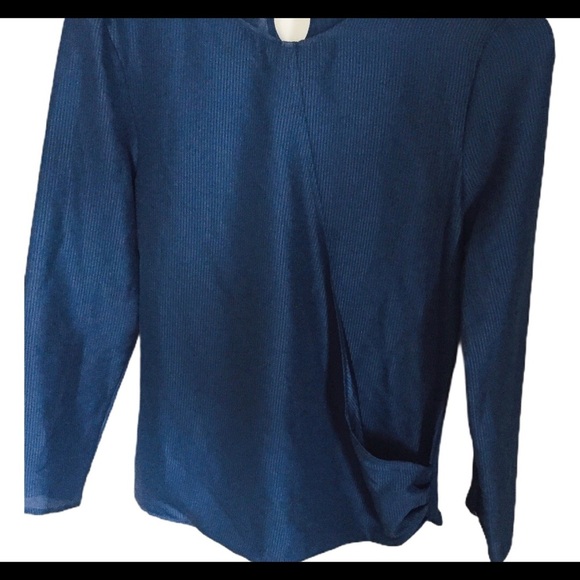 MANGO Wrap Pinstripe Drape Front Blouse With Long Sleeves Navy Blue Top Sz Small - Picture 6 of 12